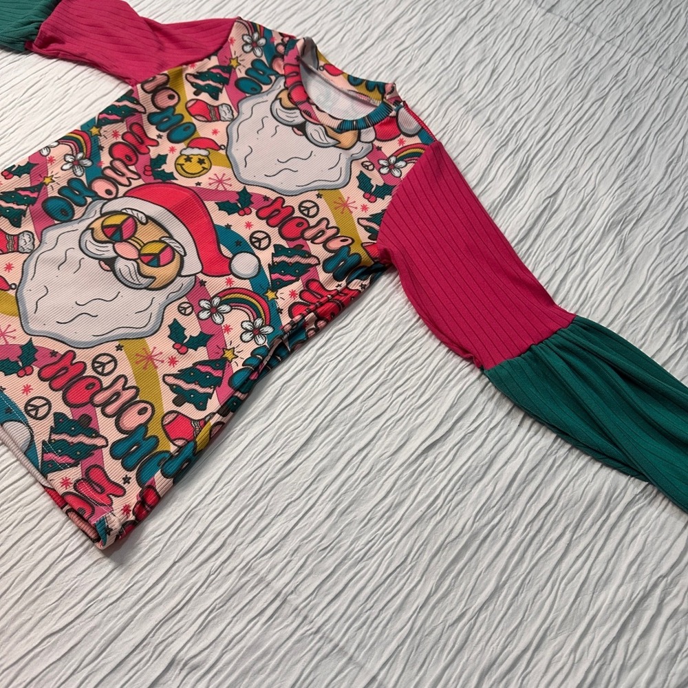 Handmade Groovy Santa Long Sleeved Top Ribbed Pink Green Girls 6/7 - Picture 4 of 8